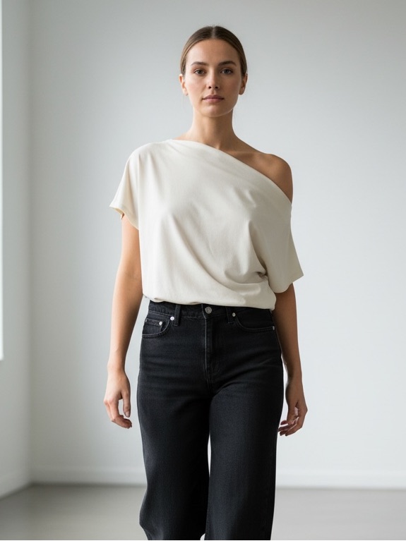 1291 Soft Modal Bone Asymmetric Off Shoulder Top